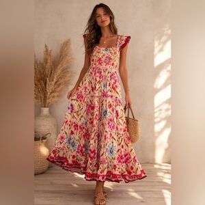 House of Harlow 1960 Smocked Floral Midi Dress Boho Resort Cottagecore Size M